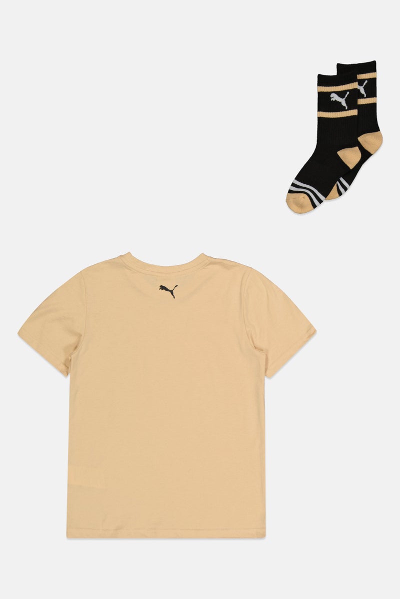 PUMA Kids Boy 2 Pcs Short Sleeve Outdoor T-Shirt And Socks Set, Beige - Image 3
